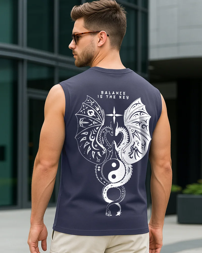 bewakoof Men's Navy Blue Seek Balance Graphic Printed Boxy Fit Vest